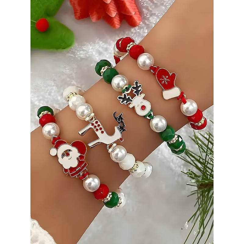 Women's Christmas Beaded Bracelet Set with Santa, Reindeer & Snowman Charms, Red Green Pearl Stretch Bracelets, Festive Holiday Jewelry Gift for Her