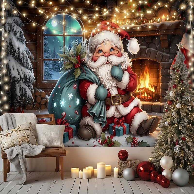 Christmas Hanging Tapestry Santa Claus with Christmas Tree Fireplace and Aurora Borealis Large Wall Art Mural Decor Blanket Curtain Holiday Home Bedroom Living Room Festive Seasonal Decoration4