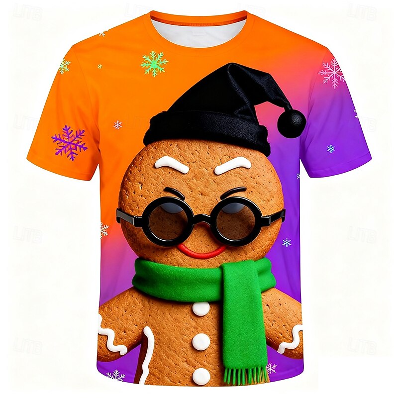Christmas Men's Gingerbread T Shirt Short Sleeve T shirt 3D Print Crew Neck Shirt Daily Designer Artistic Vacation Party Street Yellow Blue Orange All Seasons Clothing Apparel S M L XL XXL XXXL