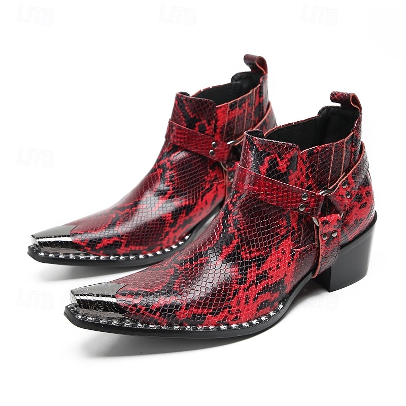 Men's Red Genuine Leather Snake Pattern Western Boots with Pointed Toe and Buckle Strap, 100% Cowhide Cowboy Ankle Boots for Stage, Parties and Fashion Shows2