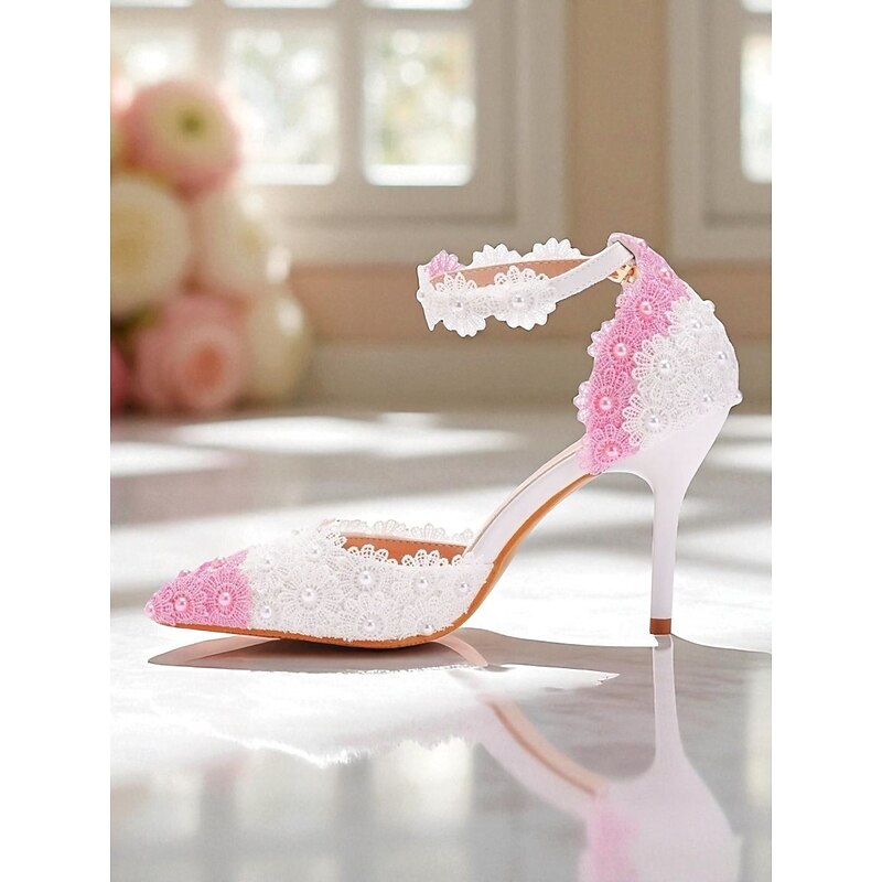 Women's White and Pink Lace Stiletto Heels - Elegant Ankle Strap Wedding Shoes for Brides and Formal Occasions3