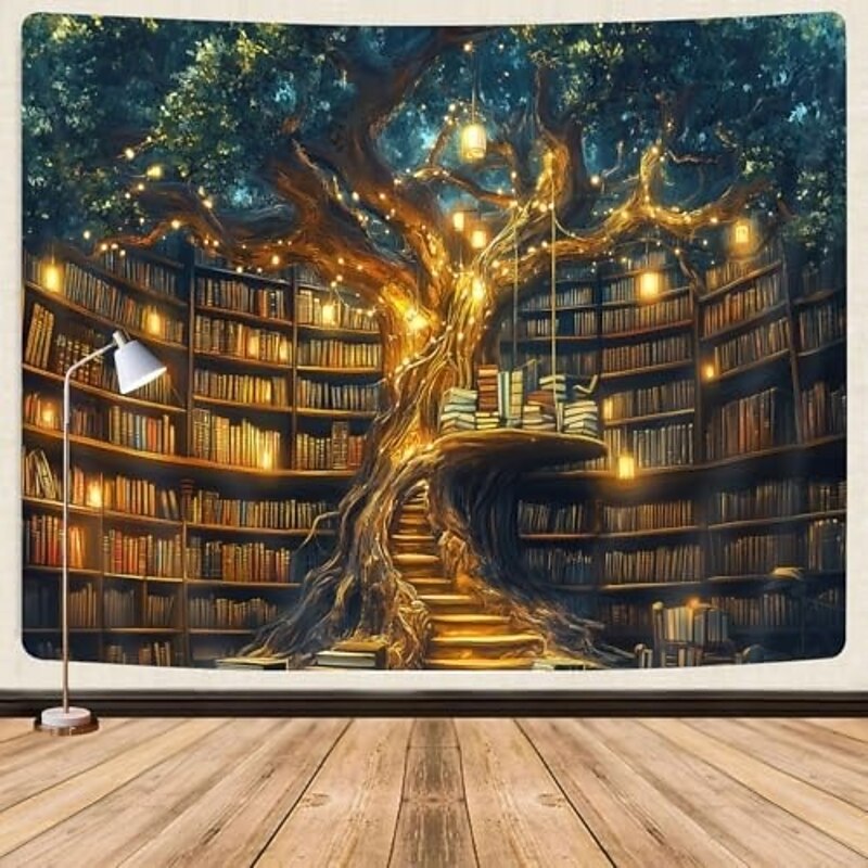 Tree of Life Hanging Tapestry Glowing Tree Bookshelf Warm Light Large Wall Art Mural Decor Blanket Curtain Home Bedroom Living Room Reading Nook Decoration
