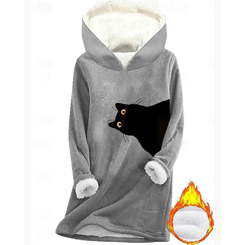 Women's Pullover Hoodie Sweatshirt Graphic Animal Cat Warm Casual Sherpa Fleece Long Sleeve Hooded Long Tops Street Dailywear Casual Print Fleece Lined Dark Pink Blue Gray Fall Winter
