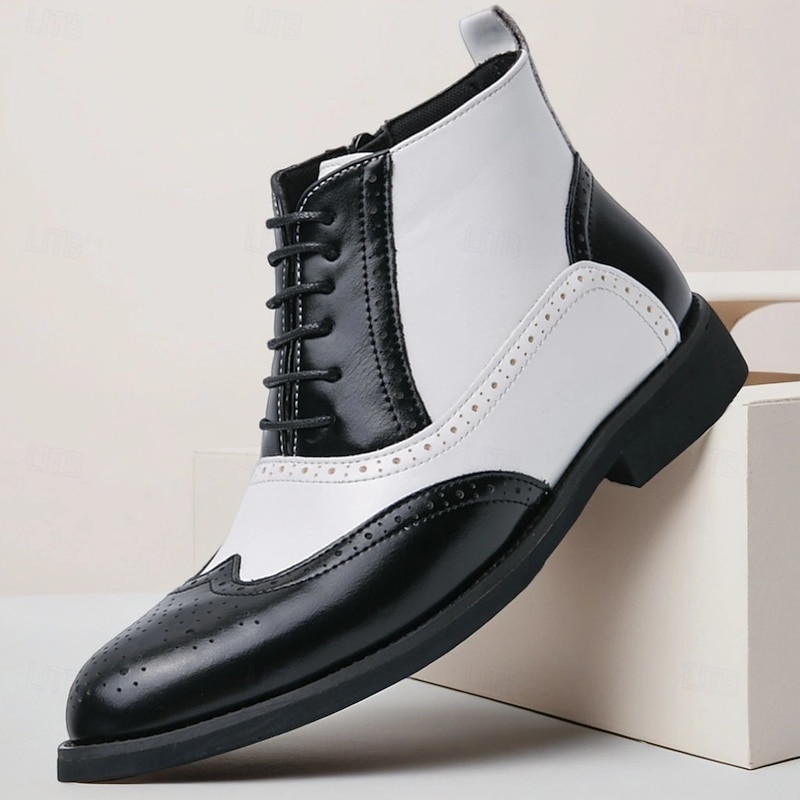 Men's Black and White Oxford Ankle Boots with Wingtip Design, Two-Tone Formal Dress Shoes for Gatsby Parties, Stage Performances and Office Wear