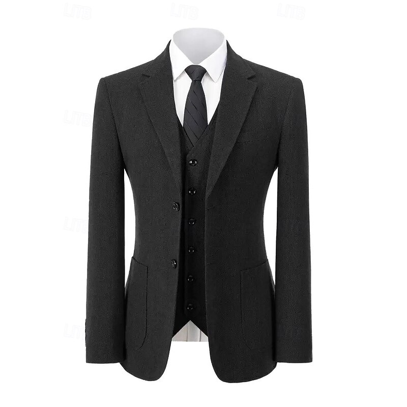 Men's Wedding Business Tweed Suits Notch Lapel Black Formal Solid Colored Tailored Fit 3 Piece Single Breasted Two-buttons2