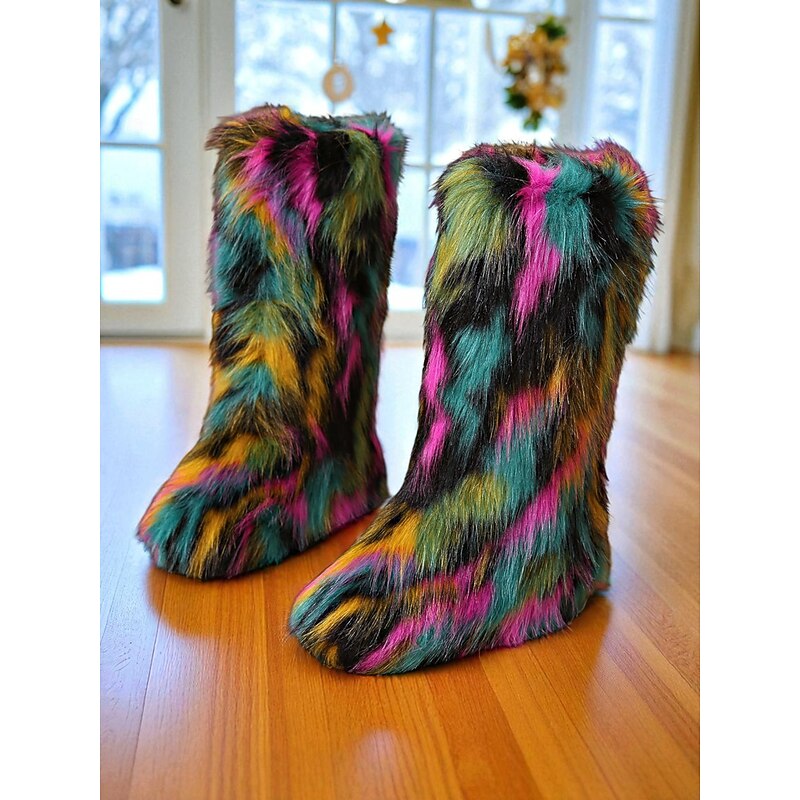 Women's Multicolor Faux Fur Festival Boots, Fluffy Rainbow Knee-High Snow Boots for Rave, Party & Winter Music Festivals4