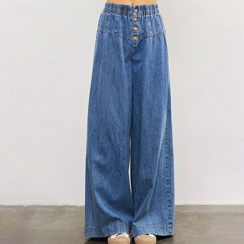 Women's Jeans Culottes Wide Leg Chinos Streetwear Casual Full Length Medium Waist Plain Pocket Elastic Waist Comfortable Micro-elastic Outdoor Vacation Navy Fall Winter Loose Fit