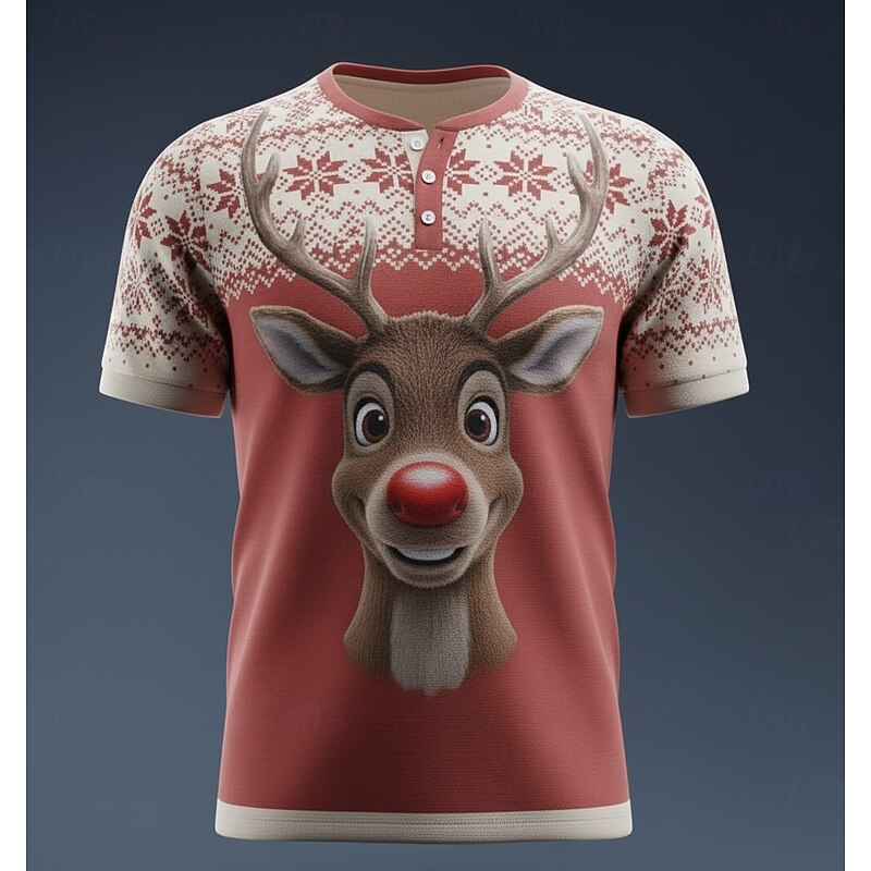 Men's Christmas Reindeer Snowflakes T Shirt Henley Shirt Short Sleeve Designer Retro Vintage Street Casual Daily Summer Spring Winter Red Henley Henley T-Shirt