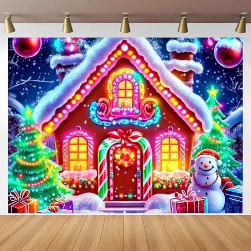 Christmas Hanging Tapestry Neon Gingerbread House with Christmas Tree Large Wall Art Mural Decor Blanket Curtain Holiday Home Bedroom Living Room Festive Seasonal Winter Holiday Decoration