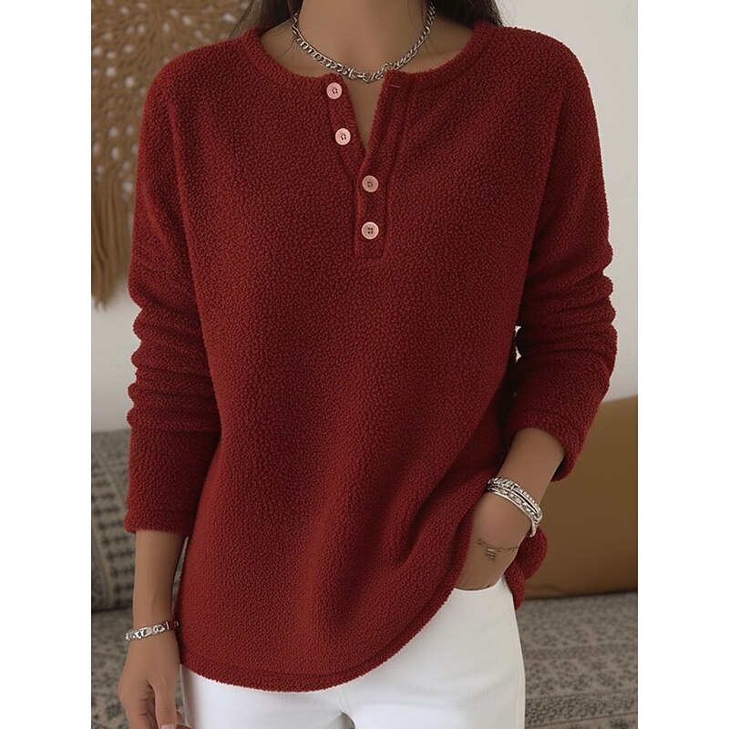 Women's Blouse Solid Color Stylish Casual Long Sleeve Crew Neck Regular Tops Daily Buttons Black Light Green Wine Brown Spring Fall Winter3