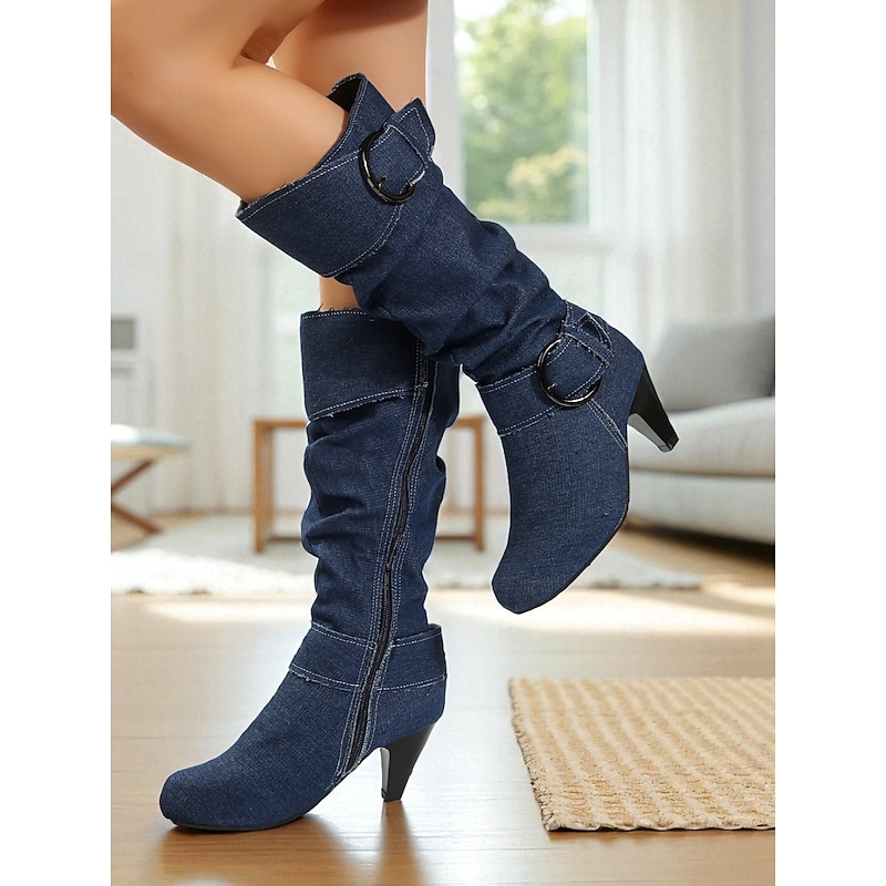 Women's Denim Slouch Knee High Boots with Buckle Straps and Cone Heels, Retro Casual Western Style Fashion Boots for Daily Wear & Street Outfits