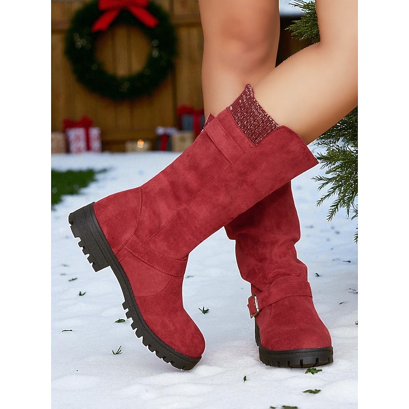 Women's Red Faux Suede Mid-Calf Boots with Adjustable Buckles and Non-Slip Sole, Casual Comfort Knit Boots for Christmas & Daily Wear4