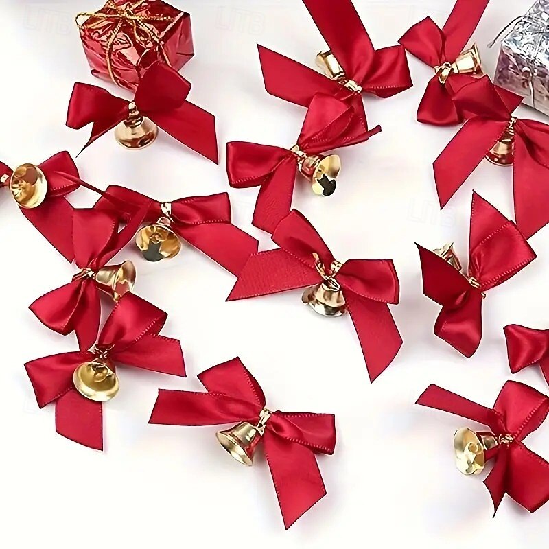 30pcs Christmas Ribbon Bows Ornaments Xmas Tree Decorations – Red Satin Mini Bows with Bells, Handmade, Shiny Metallic Accents, Perfect for Gifts, Party and Holiday Decor3