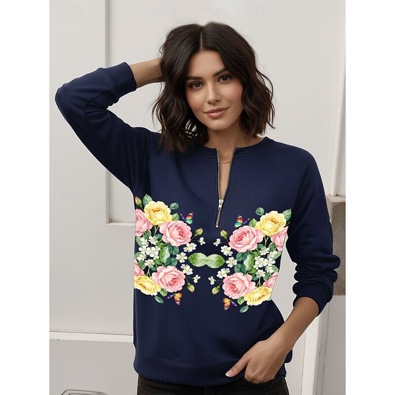 Women's Pullover Sweatshirt Zip Up Sweatshirts Floral Fashion Casual Long Sleeve Crew Neck Regular Tops Street Dailywear Casual Zipper Print Navy Blue Blue Army Green Spring Fall Winter4