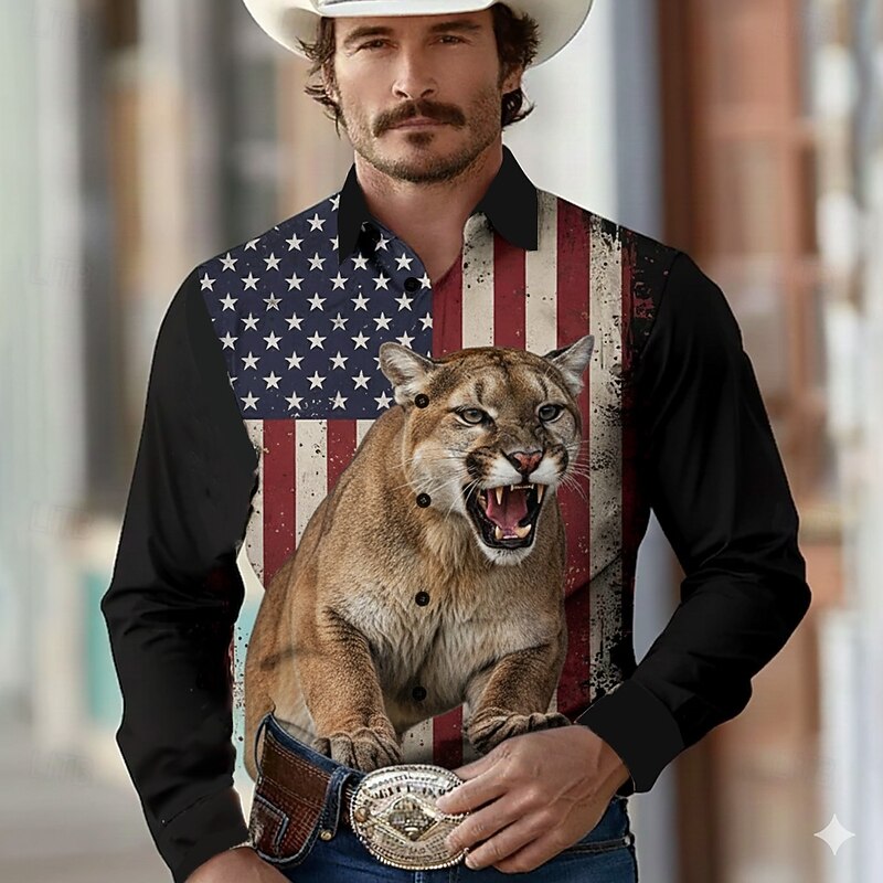 Men's Animal Wolf American US Flag Shirt Western Shirt Button Up Shirt Long Sleeve Vintage Retro Holiday Casual Daily Spring Fall Turndown 3D Print Collared Shirts Black 1 Black2