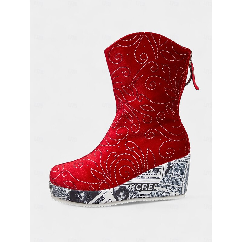 Women's Red Velvet Wedge Ankle Boots with Glitter Rhinestone Design and Printed Sole, Fashion Winter Party Shoes for Christmas & Night Out3