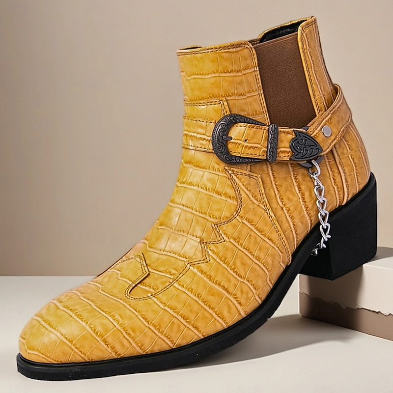 Men's Yellow Crocodile-Pattern  Ankle Boots with Buckle Strap and Block Heel, Stylish Western Motorcycle Boots for Parties and Stage Wear
