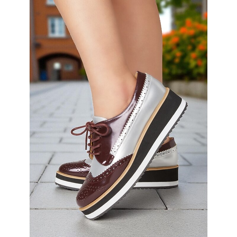 Women's Burgundy and White Patent Faux Leather Oxford Platform Shoes with Brogue Detailing - 1950s Vintage Chunky Lace-Up Dress Shoes for Ladies, Perfect for Parties, Work & Casual Fashion2