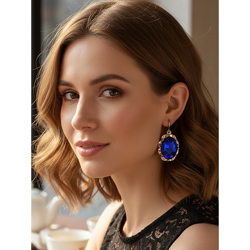Women's Christmas Drop Earrings with Large Oval Crystal Gemstones, Elegant Gold-Tone Dangle Jewelry, Festive Holiday Party Accessories2