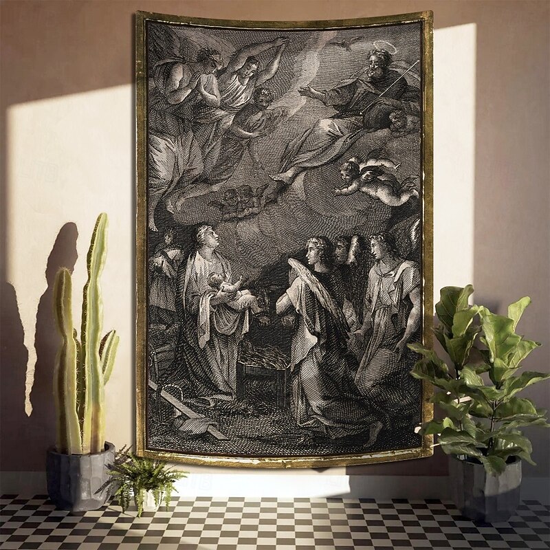 Christmas Hanging Tapestry Nativity Scene with Angel Messenger Printmaking Style Jesus Birth Large Wall Art Mural Decor Blanket Curtain Holiday Home Bedroom Living Room Religious Celebration Decor2
