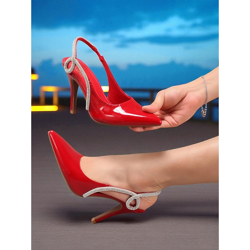 Women's Red Patent Leather Slingback High Heel Pumps - Pointed Toe Stiletto Dress Shoes with Rhinestone Trim for Cocktail Party & Formal Events4