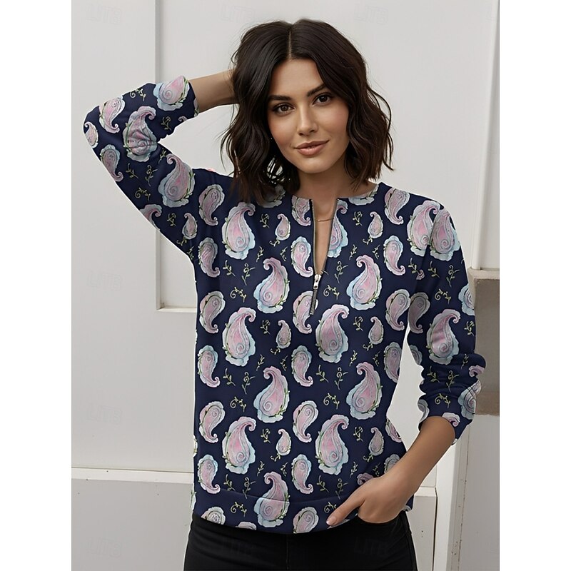 Women's Pullover Sweatshirt Zip Up Sweatshirts Paisley Vintage Casual Long Sleeve Crew Neck Regular Tops Street Dailywear Casual Zipper Print Navy Blue Spring Fall Winter3