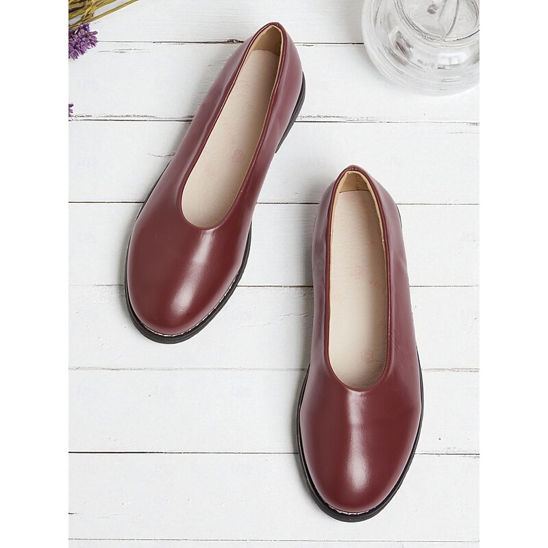 Women's Burgundy Faux Leather Round Toe Flats with Low Heel, Comfortable Casual Dress Shoes for Work, Office & Everyday Wear3