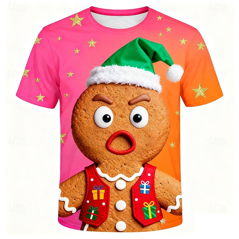 Christmas Men's Gingerbread T Shirt Short Sleeve T shirt 3D Print Crew Neck Shirt Daily Designer Artistic Vacation Party Street Yellow Pink Blue All Seasons Clothing Apparel S M L XL XXL XXXL3