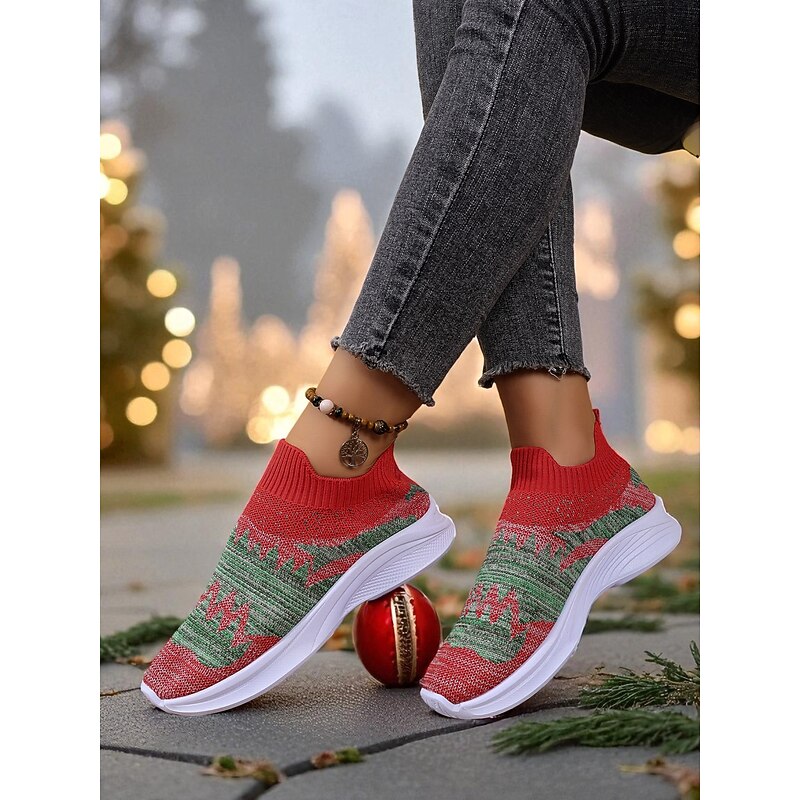 Women's Red & Green Knit Sneakers – Lightweight Breathable Slip-On Running Shoes for Sports, Walking, Christmas Parties and Casual Outfits4