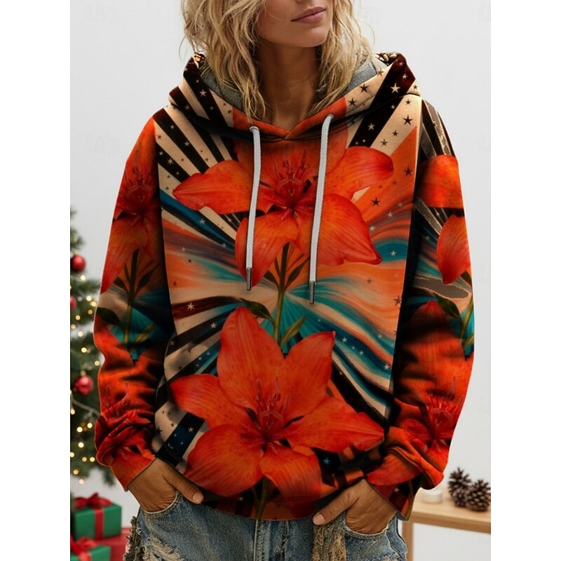 Women's Pullover Hoodies Floral Fashion Streetwear Casual Long Sleeve Hooded Regular Tops Dailywear Casual Drawstring Print Red Spring Fall