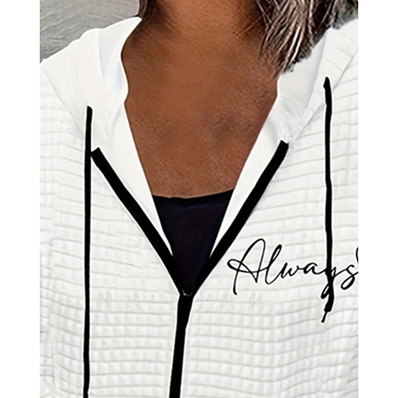 Women's Textured Jackets Zip Up Hoodies Hoodies Letter Sports Fashion Casual Long Sleeve Hooded Regular Tops Street Dailywear Zipper Pocket Print White Fall Winter2