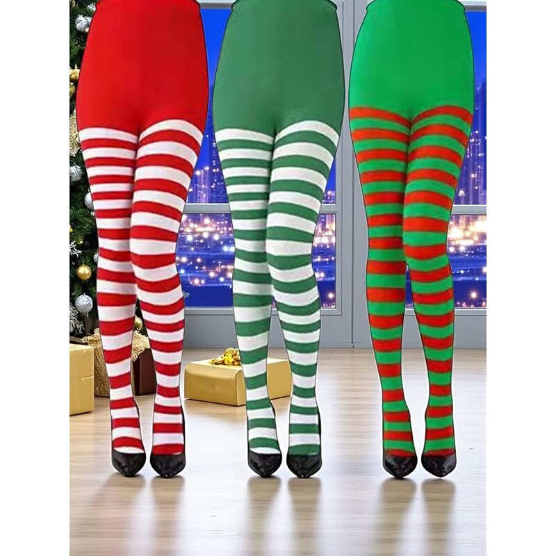 Women's Christmas Striped Tights, Festive Red and Green Stretch Leggings for Holiday Costumes & Party Outfits