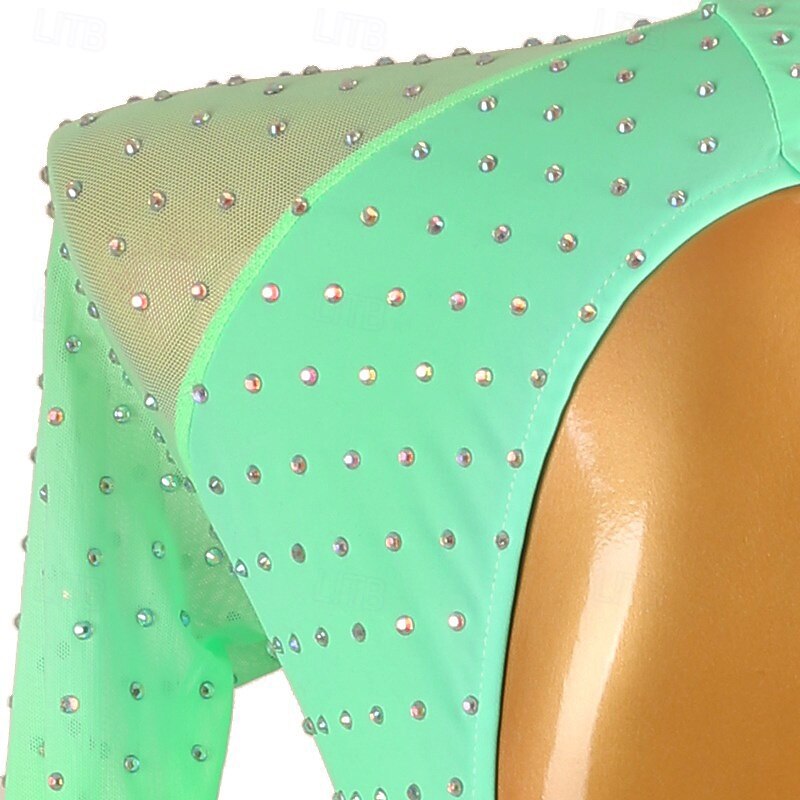 Figure Skating Dress Women's Girls' Ice Skating Dress Green Patchwork Open Back Mesh Spandex High Elasticity Training Practice Professional Skating Wear Classic Crystal / Rhinestone Long Sleeve Ice3