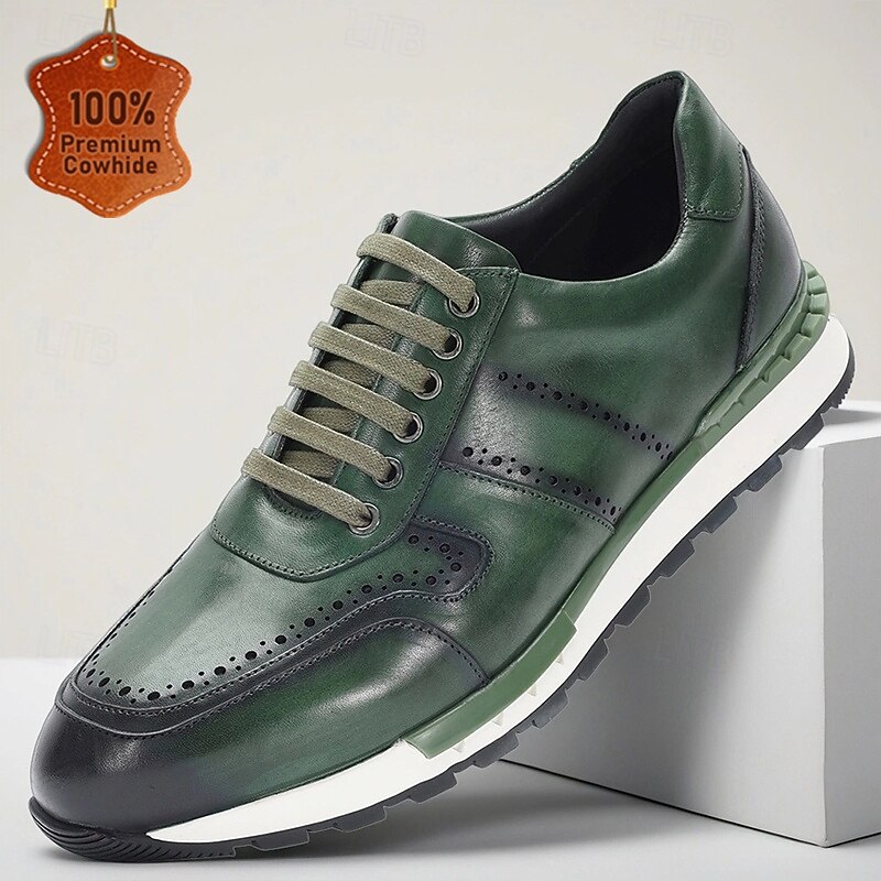 Men's Green Genuine Leather Brogue Sneakers with Wingtip Detailing and Rubber Sole, Stylish Casual Dress Shoes for Business Travel and Everyday Wear