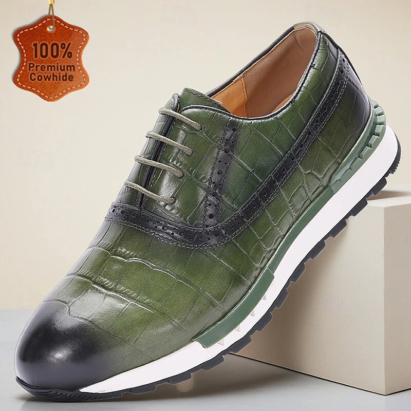 Men's Green Genuine Leather Crocodile Pattern Lace-Up Sneakers with Rubber Outsole, Fashion Casual Dress Shoes for Office, Travel, and Parties