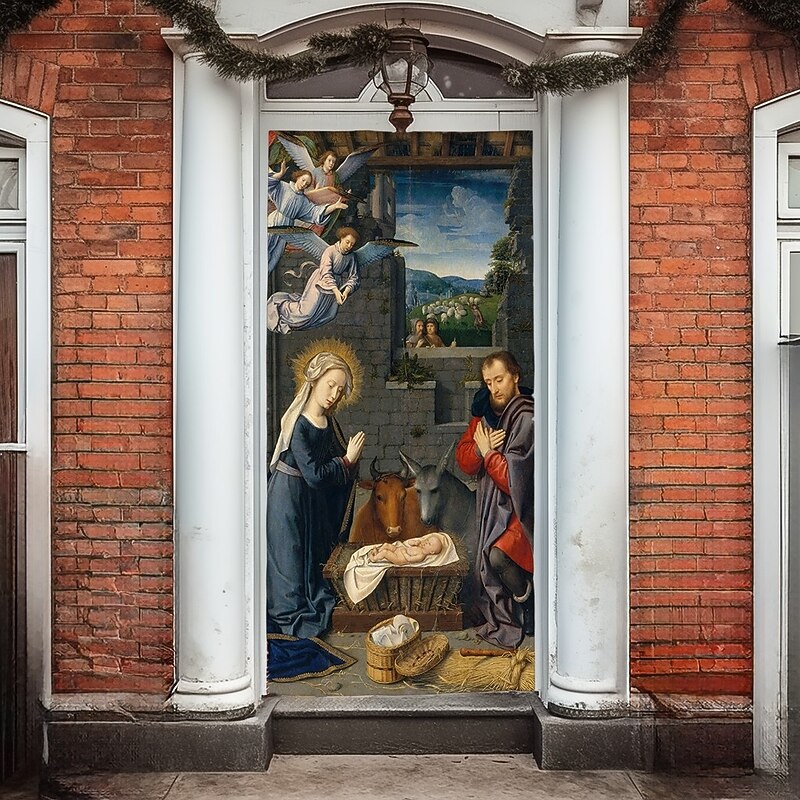 Christmas Door Cover Winter Holiday Decoration Drapes Featuring Jesus Nativity Scene Print for Home Entryway Living Room Bedroom Indoor Outdoor Festive Seasonal Religious Home Decor3