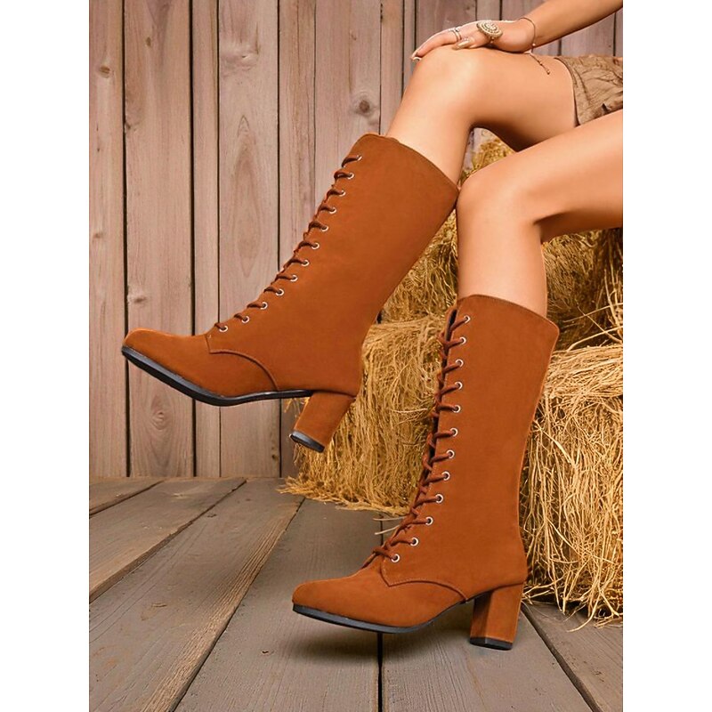 Women's Brown Lace-Up Mid-Calf Boots, Retro Edwardian Victorian Style Chunky Heel Boots for Cosplay, Vintage Outfits and Autumn Fashion3