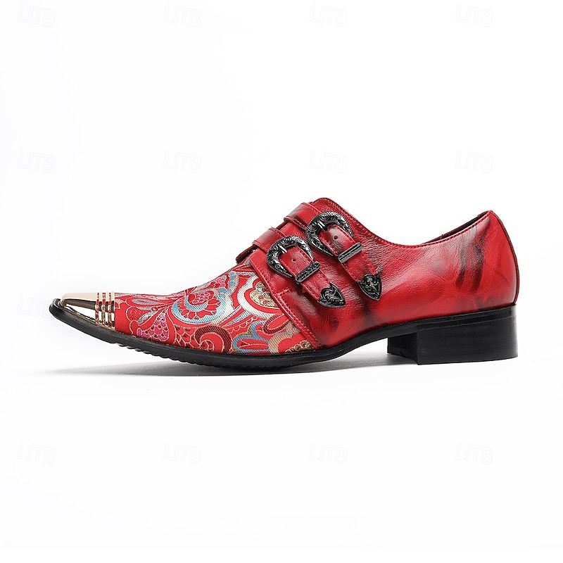 Men's Red Genuine Leather Monk Strap Dress Shoes with Paisley Print and Metal Toe Cap, 100% Cowhide Formal Party Shoes for Stage and Evening Fashion3