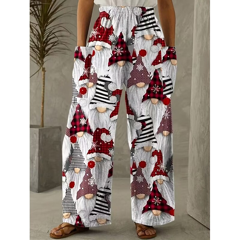 Women's Wide Leg Pants Trousers Vacation Vintage Ethnic Style Full Length High WaistPantsUgly Christmas Graphic Santa Claus Pocket Elastic Waistband Print Comfy Breathability Inelastic Vacation3
