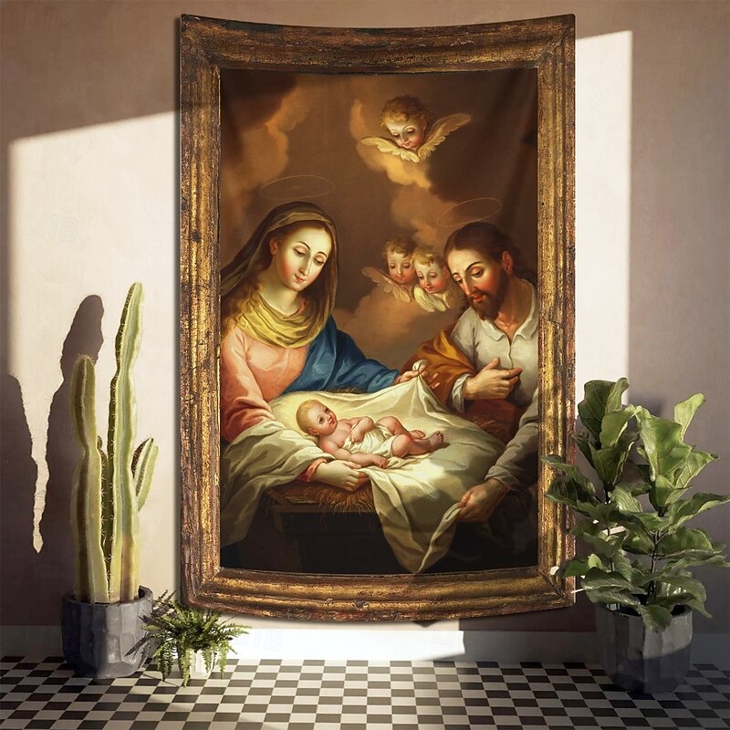 Christmas Hanging Tapestry Nativity Scene with Angel Messenger Oil Painting Style Jesus Birth Large Wall Art Mural Decor Blanket Curtain Holiday Home Bedroom Living Room Religious Celebration Decor3