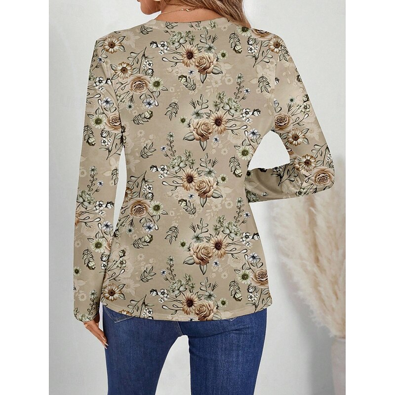 Women's T Shirt Floral Graphic Plants Vintage Stylish Classic Long Sleeve V Neck Regular Tops Daily Print Khaki Spring Fall2