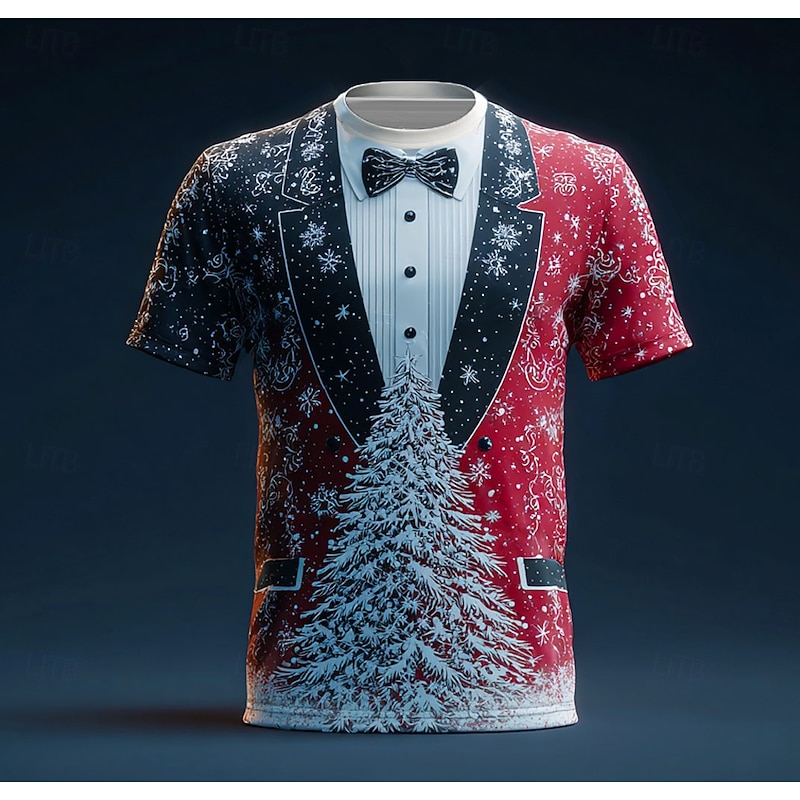 Christmas Men's Costume T Shirt Short Sleeve T shirt 3D Print Crew Neck Shirt Daily Designer Artistic Vacation Party Street Black / Red Red 3 Red All Seasons Clothing Apparel S M L XL XXL XXXL3