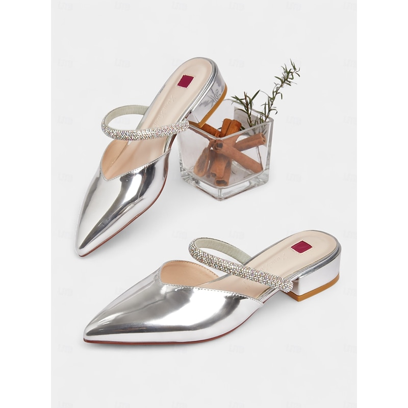 Women's Silver Metallic Pointed Toe Mules - Slip-On Low Heel Pumps with Rhinestone Strap for Cocktail Parties & Evening Events3