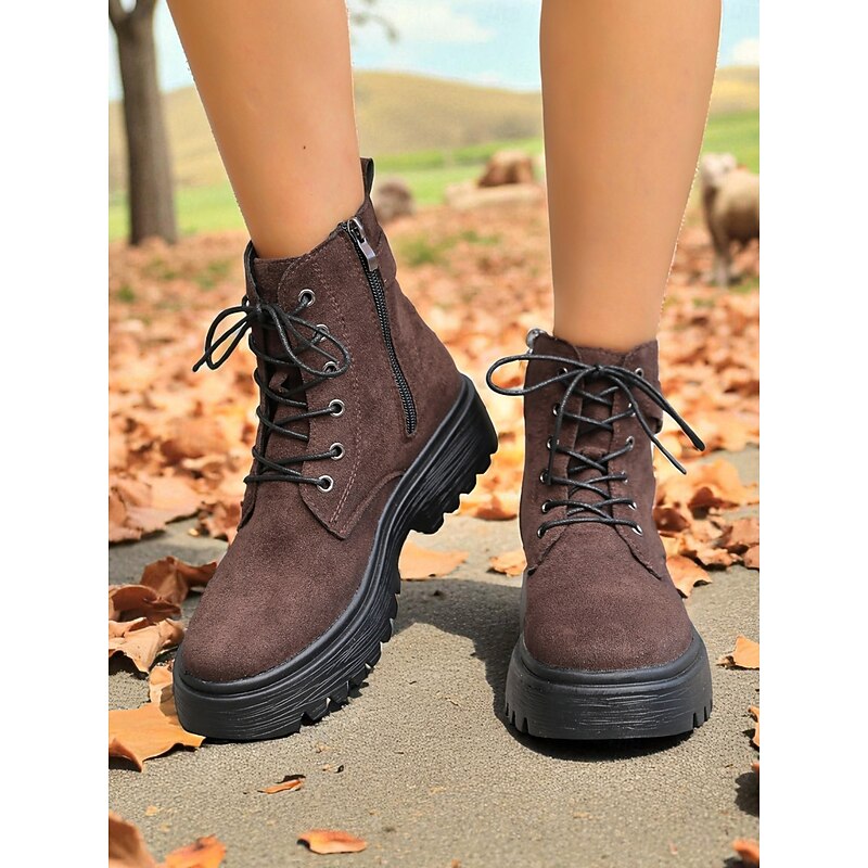 Women's Brown Lace-Up Combat Boots with Faux Fur Lined and Buckle Strap, Chunky Non-Slip Sole, Casual Faux Suede Ankle Boots for City Nomadic Style Outfits and Winter Casual Wear2