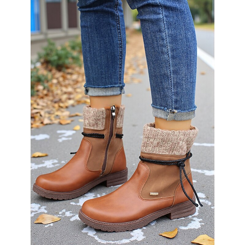 Women's Brown Faux Leather Ankle Boots with Knit Cuff and Side Zipper, Casual Warm Non-Slip Winter Booties for Outdoor & Everyday Wear2