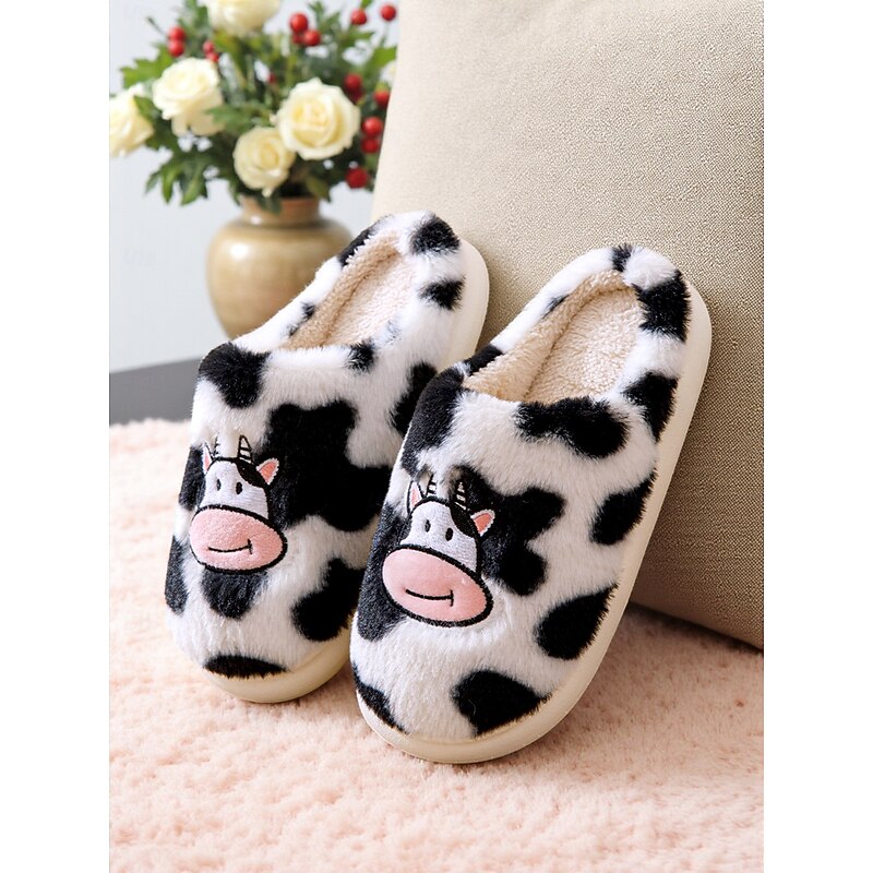 Women's Cow Print Fuzzy Slippers – Cute Plush Indoor Slip-On Shoes for Winter, Home and Lounge Comfort