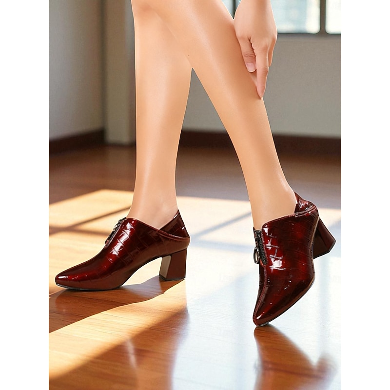 Women's Genuine Leather Latin Dance Shoes, Burgundy Croc-Embossed Block Heel Ballroom Footwear for Professional Salsa & Party Performances4