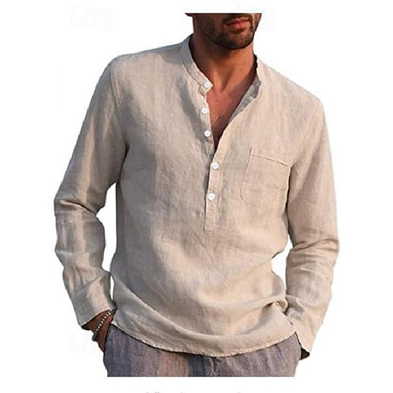 Men's Shirt Linen Shirt Band Collar Shirt Summer Shirt Beach Wear Solid Color Street Hawaiian Light Blue Black White Red Wine Long Sleeve Collar Clothing Apparel