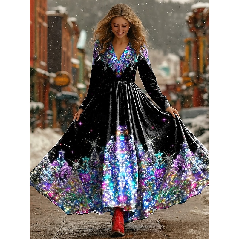 Christmas Women's Maxi Dress Pleated Dress Party Casual Boho Daily Date Going out Regular Fit Christmas Tree Long Sleeve V Neck Black Red Fall Winter2