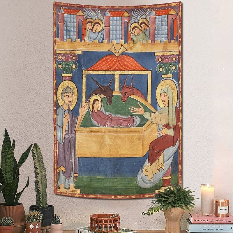 Christmas Hanging Tapestry Nativity Scene Jesus Birth Large Wall Art Mural Decor Blanket Curtain Holiday Home Bedroom Living Room Religious Celebration Decoration Festive Winter Ornament2